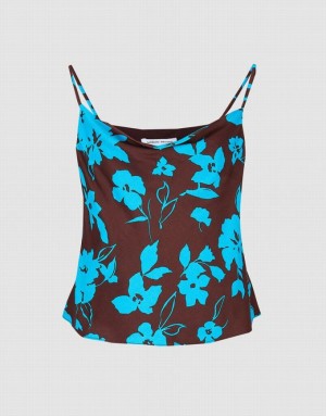 Brown / Blue Urban Revivo Floral Print Cowl Neck Women's Camisole | 26419OWBP