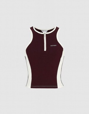 Burgundy Urban Revivo Zip Half Placket Cropped Women's Tank Top | 09248PVZH