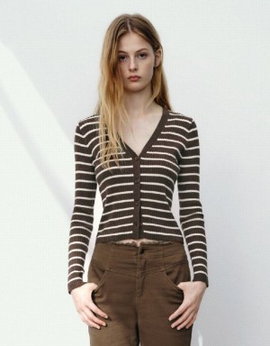 Coffee Urban Revivo Striped V-Neck Knitted Women's Cardigan | 90517THQY