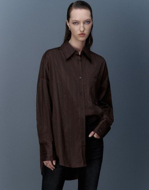 Coffee Urban Revivo Textured Button Up Oversized Women's Shirts | 80417MZEQ