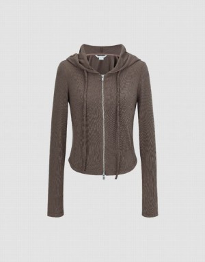 Coffee Urban Revivo Zipper Front Hooded Skinny Women's Jacket | 52031BNSQ