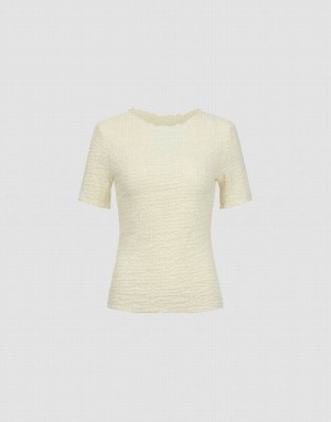 Cream Urban Revivo Shirred Crew Neck Skinny Women's T-Shirts | 90527CHPN