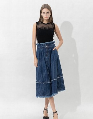 Dark Blue Urban Revivo Striped Raw Hem Midi A-Line Women's Denim Skirt | 43980ZRWI