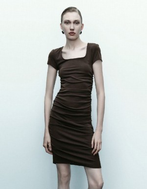 Dark Brown Urban Revivo Asymmetric Ruched Skinny Women's Dress | 50839NRKI