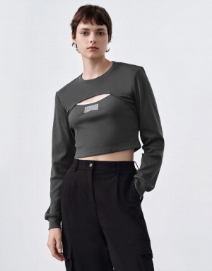 Dark Grey Urban Revivo Cut-Out Crew Neck Knitted Women's T-Shirts | 69104RWYX