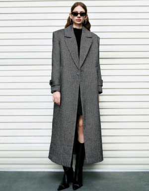 Dark Grey Urban Revivo Notch Lapel Straight Woolen Women's Coats | 98470OJQR