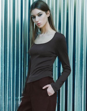 Dark Grey Urban Revivo U Neck Knitted Women's T-Shirts | 36154PWIH