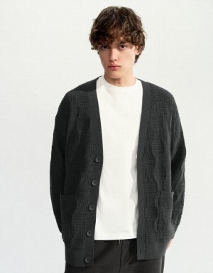 Dark Grey Urban Revivo V-Neck Knitted Men's Cardigan | 06249RVAJ