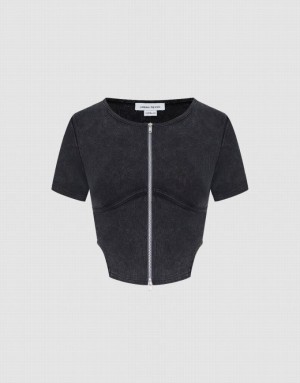 Dark Grey Urban Revivo Zipper Front Crew Neck Women's Shirts | 03214RWXU