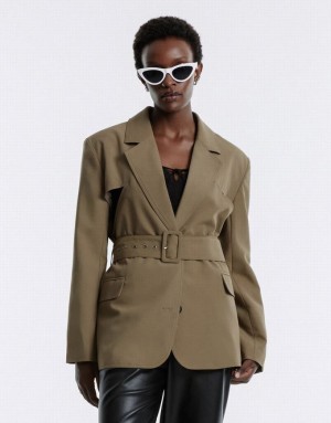 Dark Khaki Urban Revivo Buckle Belted Women's Blazers | 58716WQFD