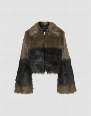 Dark Khaki Urban Revivo Two Toned Zipper Front Furry Women's Coats | 50293FKVN