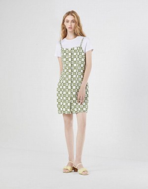 Green Urban Revivo 2 In 1 Checkered Floral Women's Denim Dress | 81942JZMG