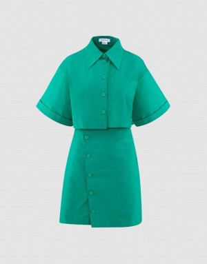 Green Urban Revivo Button Down A-Line Collar Women's Shirt Dress | 86547LIWT