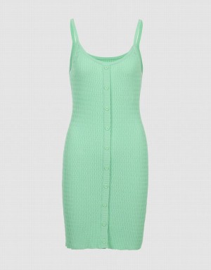 Green Urban Revivo Button Front Ribbed Cami Women's Knitted Dress | 74693AYRH