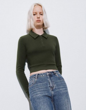 Green Urban Revivo Button Half Placket Cropped Knitted Women's T-Shirts | 93784QVMP