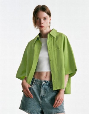 Green Urban Revivo Button Up A-Line Women's Shirts | 16089WXKB