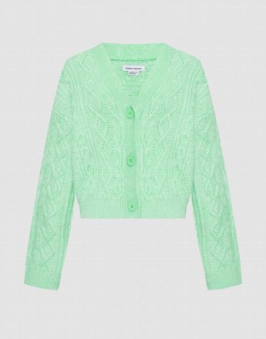 Green Urban Revivo Cable Knit V Neck Button Up Women's Cardigan | 70156NPJT