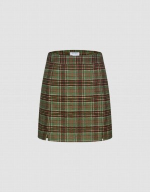 Green Urban Revivo Checkered Mini A-Line Women's Skirts | 74635NHUV