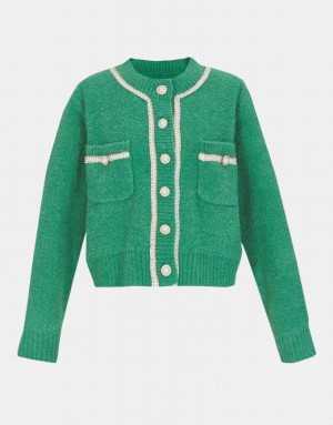 Green Urban Revivo Contrast Trim Faux Pearl Button Women's Cardigan | 37496UJEC