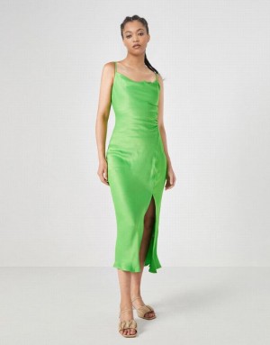 Green Urban Revivo Cowl Neck Split Hem Cami Women's Dress | 75261HSNF