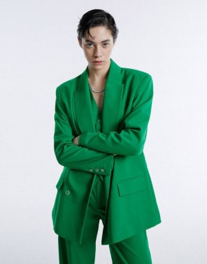 Green Urban Revivo Double Breasted Women's Blazers | 52861FGBQ