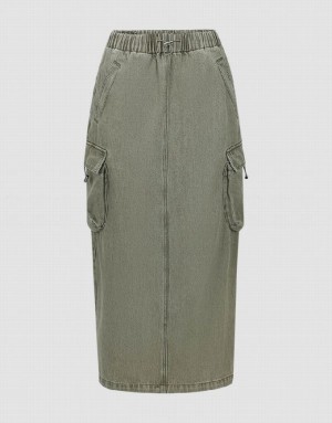 Green Urban Revivo Elastic Waist Straight Women's Denim Skirt | 86492LOTB