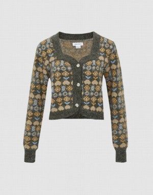 Green Urban Revivo Floral Button Up Women's Cardigan | 83691TMIZ