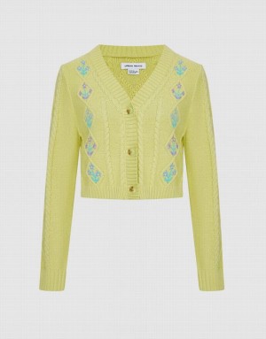 Green Urban Revivo Floral Embroidery Cable Knit Women's Cardigan | 87329MTWY