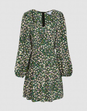 Green Urban Revivo Floral Print Sweetheart Long Sleeve Women's Casual Dress | 20153ZELO