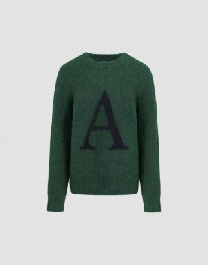 Green Urban Revivo Letter Printed Crew Neck Women's Sweaters | 12746BELH