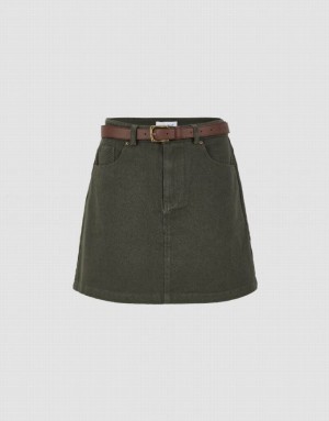 Green Urban Revivo Mini A-Line With Belt Women's Denim Skirt | 06548BQOA