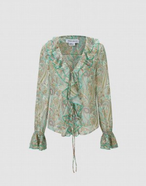 Green Urban Revivo Paisley Print Ruffled Women's Shirts | 69345VEIY