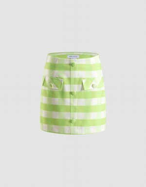 Green Urban Revivo Plaid Button Front Women's Skirts | 62387RBHC