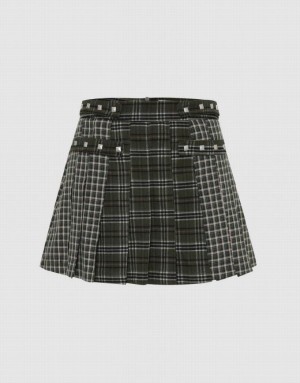 Green Urban Revivo Plaid Mini A-Line Women's Skirts | 10578UORC