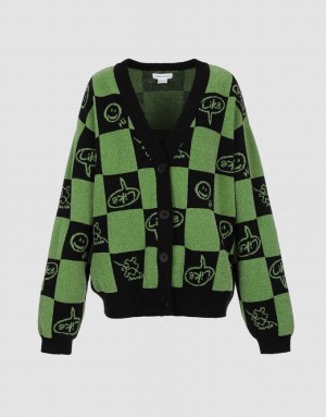 Green Urban Revivo Plaid Smile Face Button Up Women's Cardigan | 71089JECW