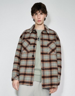 Green Urban Revivo Plaid Straight Woolen Men's Jacket | 89623RVZX