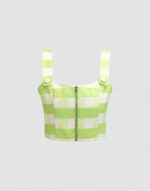 Green Urban Revivo Plaid Zip Front Cami Crop Top Women's Shirts | 02451OAWY