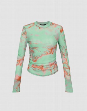 Green Urban Revivo Printed Crew Neck Skinny Women's T-Shirts | 46028KGFO