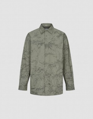 Green Urban Revivo Printed Straight Oversized Men's Shirts | 96105HIVR