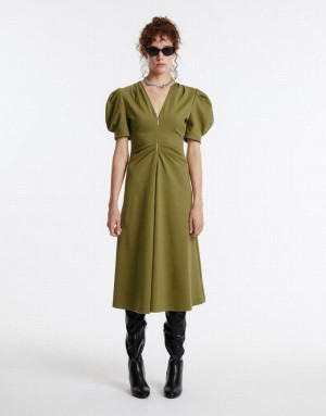 Green Urban Revivo Puff Sleeve Ruched Women's Casual Dress | 72045IPYG