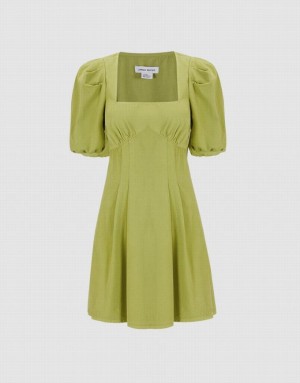 Green Urban Revivo Puff Sleeve Square Neck Women's Denim Dress | 38201JOQW