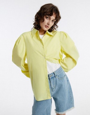 Green Urban Revivo Puff Sleeve Women's Shirts | 89036NGLB