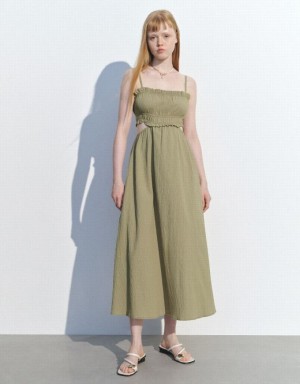 Green Urban Revivo Shirred Cut-Out A-Line Women's Dress | 40897PQKD