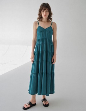 Green Urban Revivo Sleeveless V-Neck Women's Denim Dress | 89045GXYT