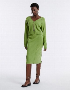 Green Urban Revivo Stitch Detail Knitted Midi Women's Skirts | 53204SBCX