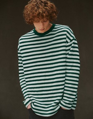 Green Urban Revivo Striped Sleeve Crew Neck Men's T-Shirts | 97340STEI