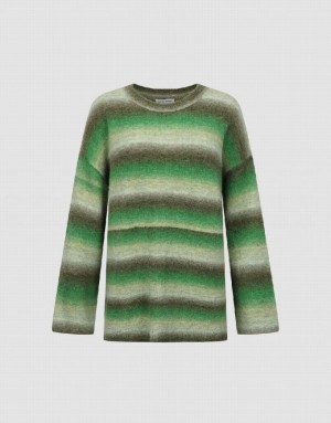 Green Urban Revivo Striped Crew Neck Knitted Women's Cardigan | 14672IUTO