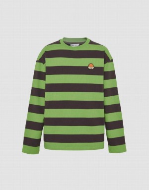 Green Urban Revivo Striped Crew Neck Knitted Men's T-Shirts | 95367YZLP