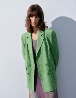 Green Urban Revivo Textured Notch Lapel Women's Blazers | 76295QFWE