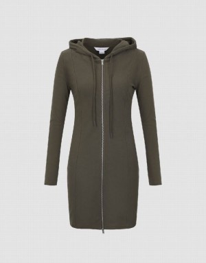 Green Urban Revivo Zipper Front Hooded A-Line Women's Dress | 78039ILAC